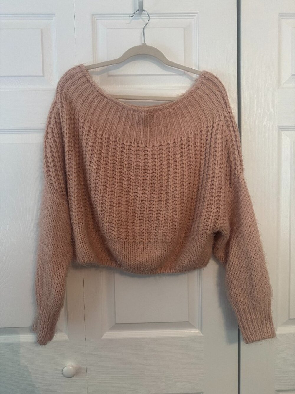 Francesca's Harper Heritage Off-the-Shoulder Pink Crop Sweater